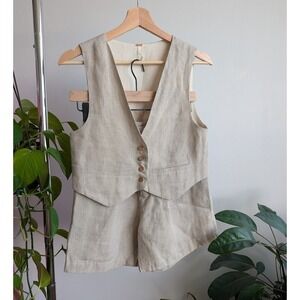Free People 100% Linen Set 0 Shorts Vest Beige V Neck boho Malia
